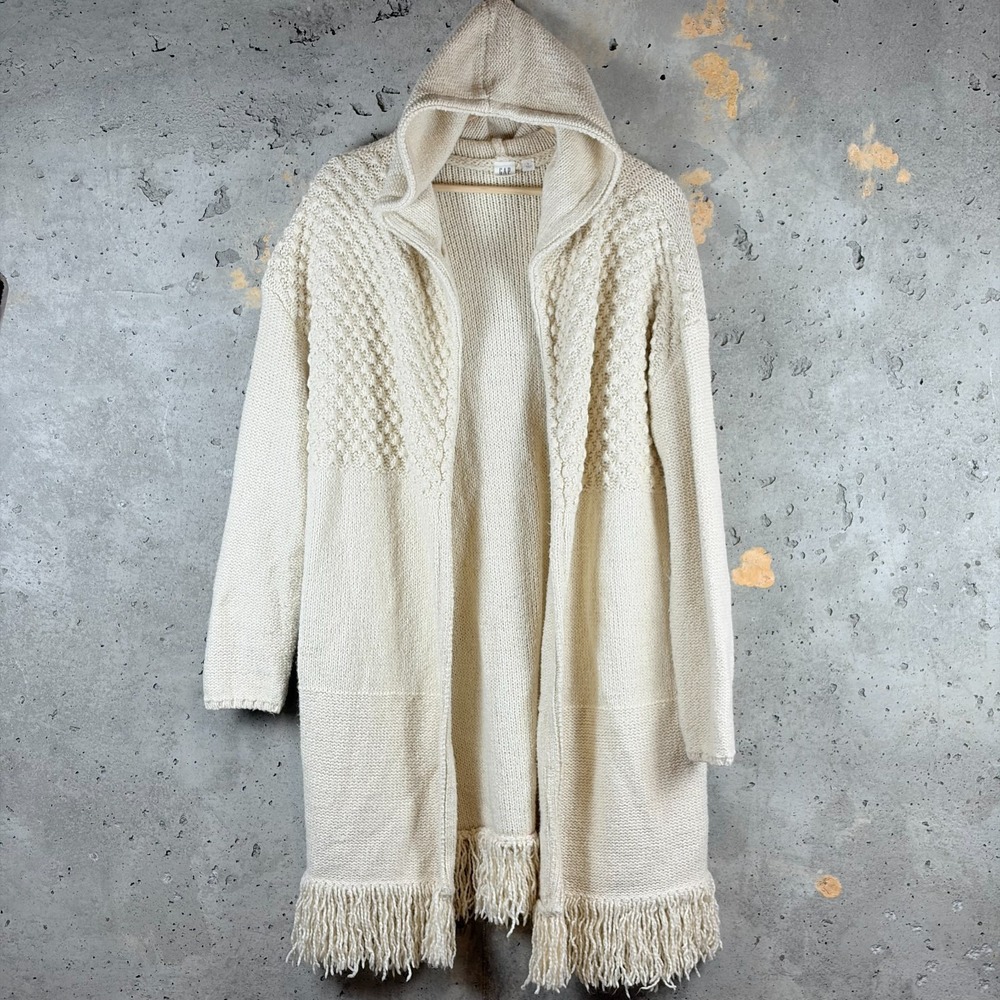 Gap Longline Fringe Hooded Cardigan Womens Large Beige Textured Knit 350202-02